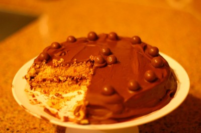 Chocolate malt ball cake, a.k.a. the widowmaker