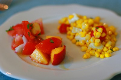 Tomato and peach salad, left